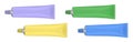 Set of 4 multicolored tubes. Vector illustration of cream or toothpaste tube. Ointment. Salve. Glue tube